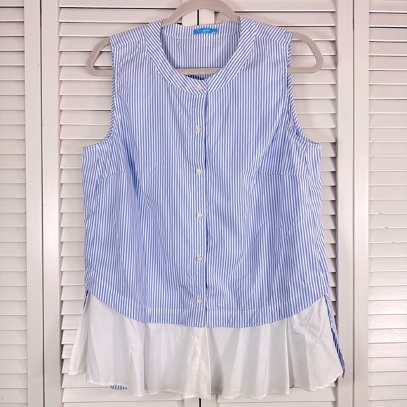 J. McLaughlin Sleeveless Blue White Stripe Blouse Button Down Peplum Hem - Picture 1 of 6